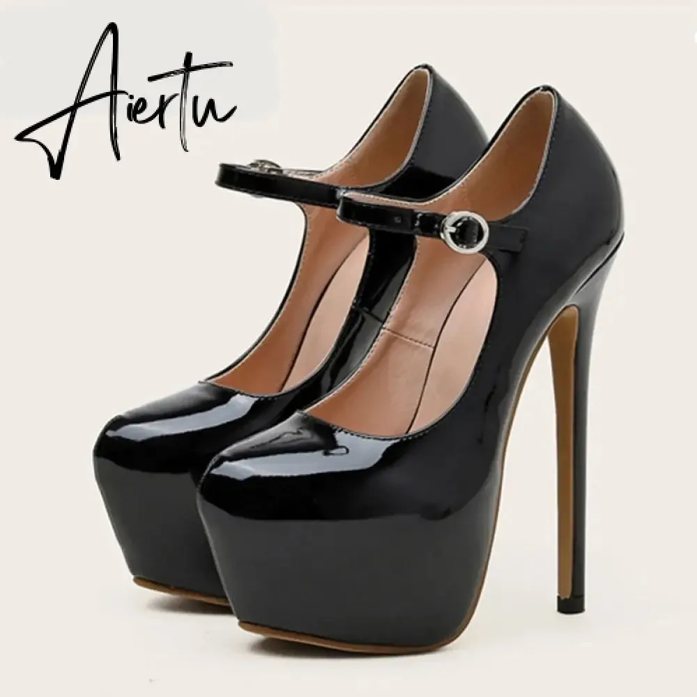 Aiertu Spring Autumn Women Platform Pumps Black Round Toe Buckle Strap 17CM Super High Heels Pole Dance Shoes Stiletto Mujer