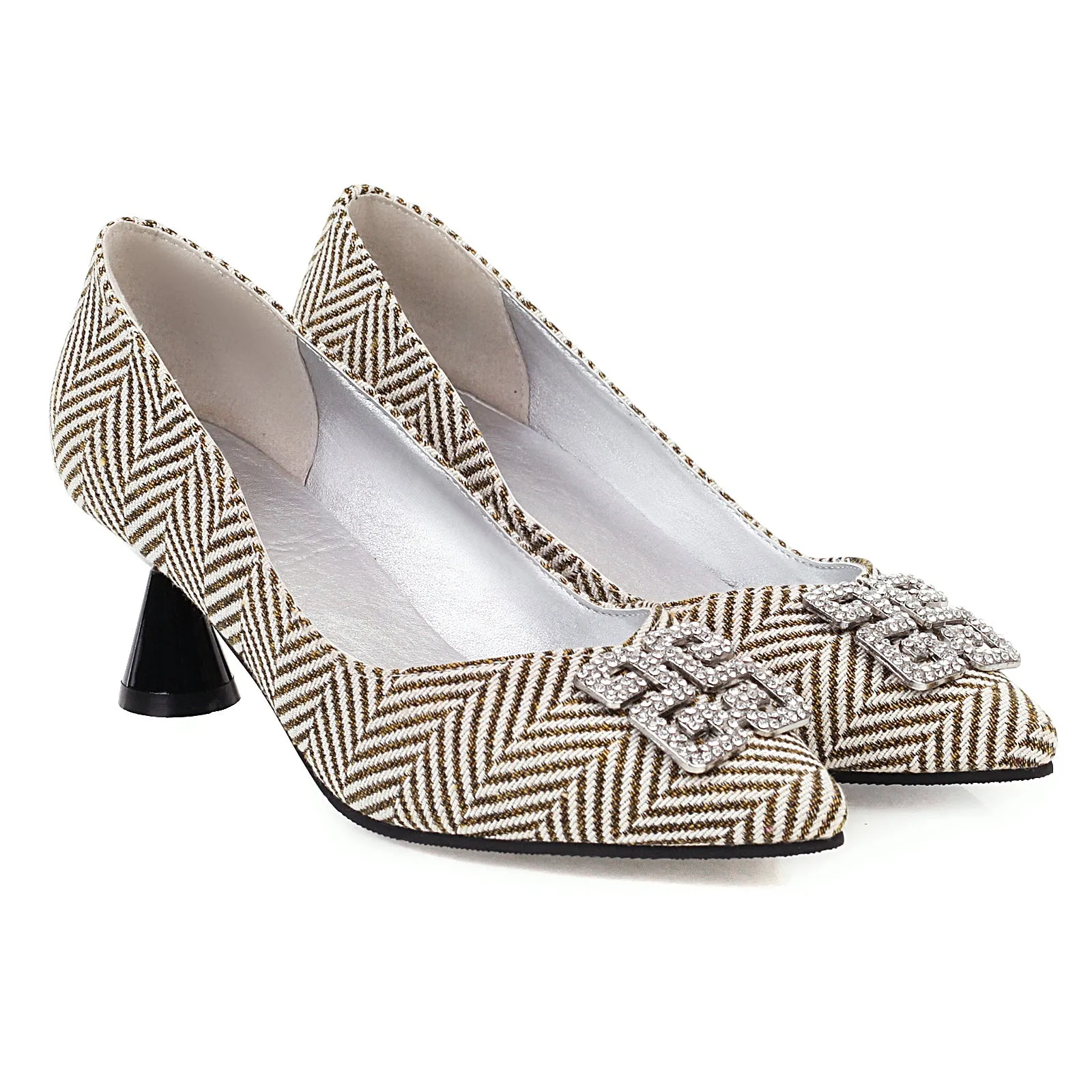 Bigsizeheels Houndstooth drill thick heel casual shoes - Brown