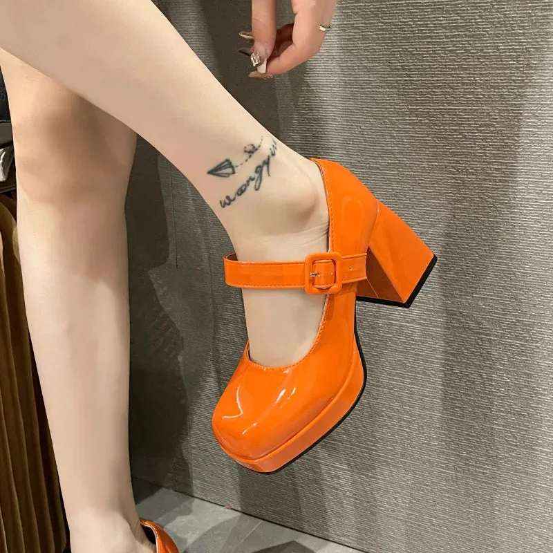 binfenxie Heels Women Trend Chunky Heels Square Toe Platform Shoes Mary Jane Elegant Fashion Sexy Orange Luxury Designer Casual Plus Size