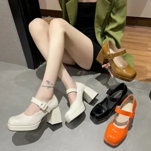 binfenxie Heels Women Trend Chunky Heels Square Toe Platform Shoes Mary Jane Elegant Fashion Sexy Orange Luxury Designer Casual Plus Size