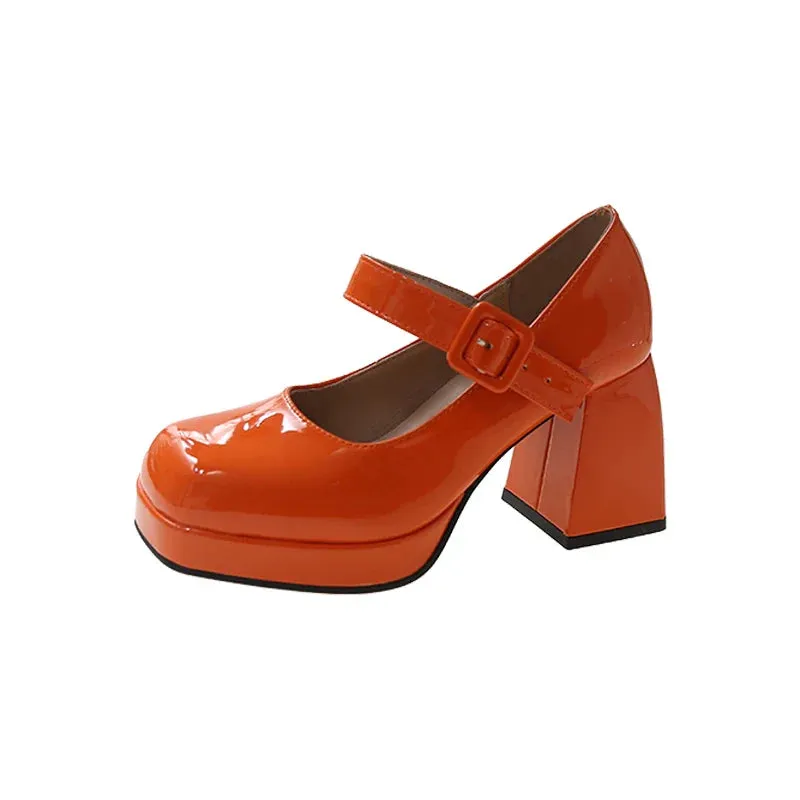 binfenxie Heels Women Trend Chunky Heels Square Toe Platform Shoes Mary Jane Elegant Fashion Sexy Orange Luxury Designer Casual Plus Size