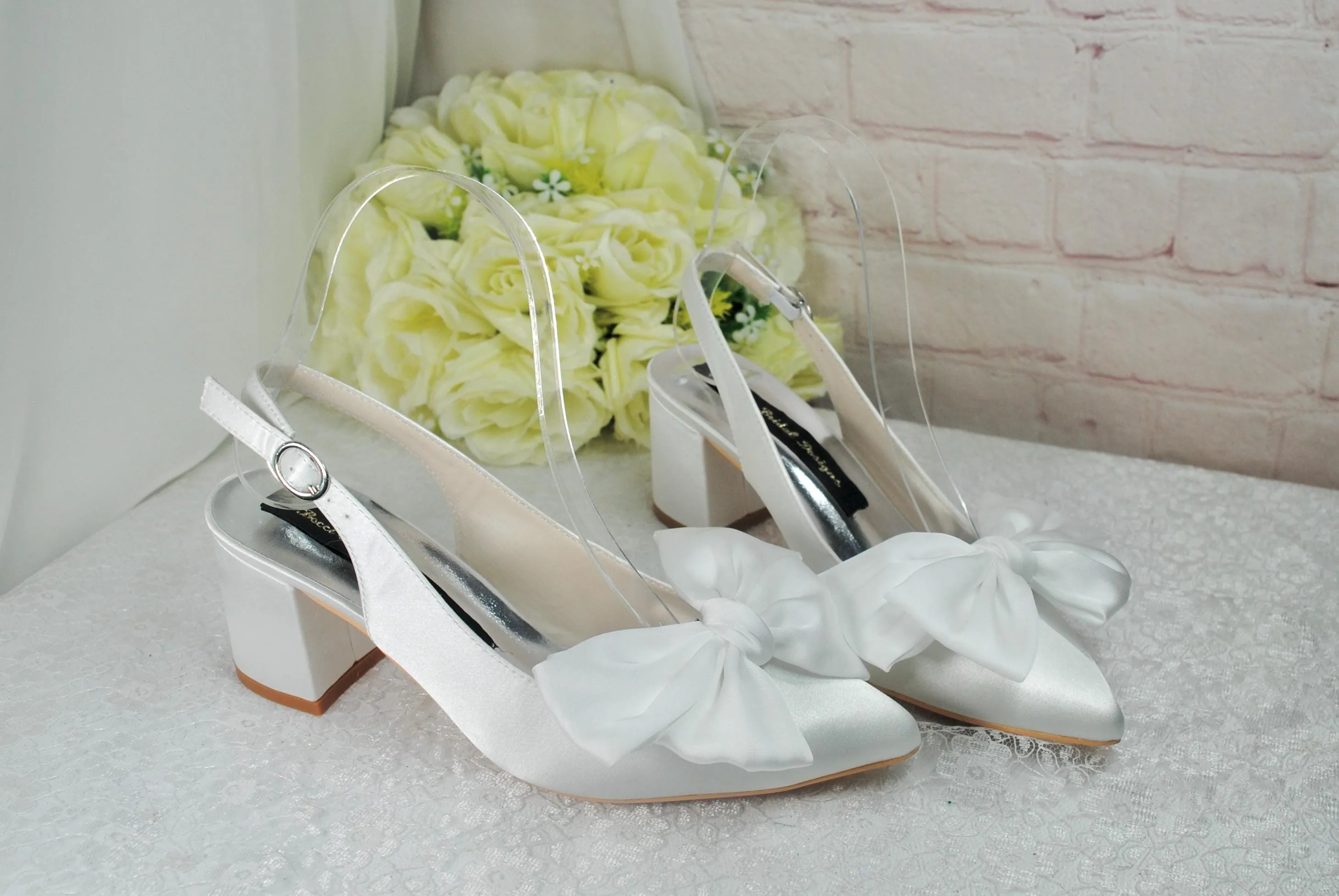Block Heel Sling Backs with Bow