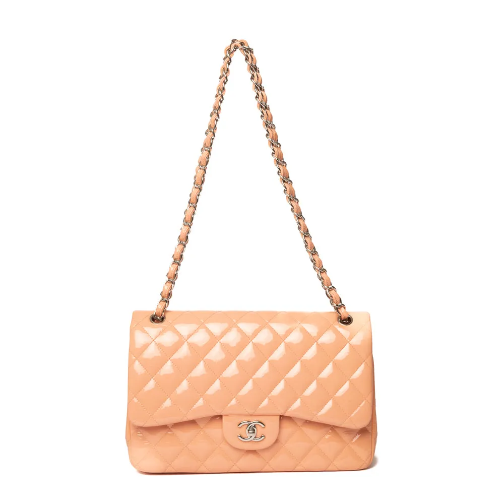 Chanel Peach Quilted Patent Leather Classic Jumbo Double Flap Bag