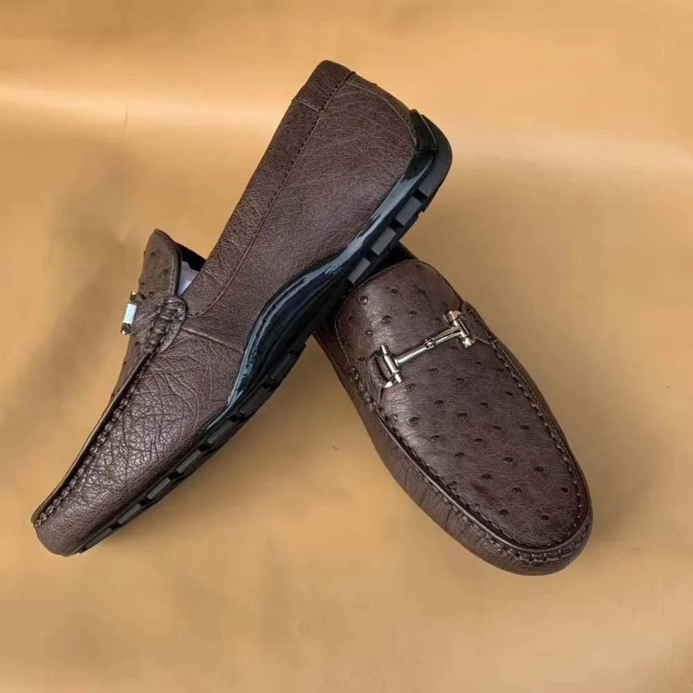 Crocodile Shoes Men's Ostirch Leather Loafers Shoes Fashion Driving Shoes Business Dress Loafter Shoes Car Shoes Brown