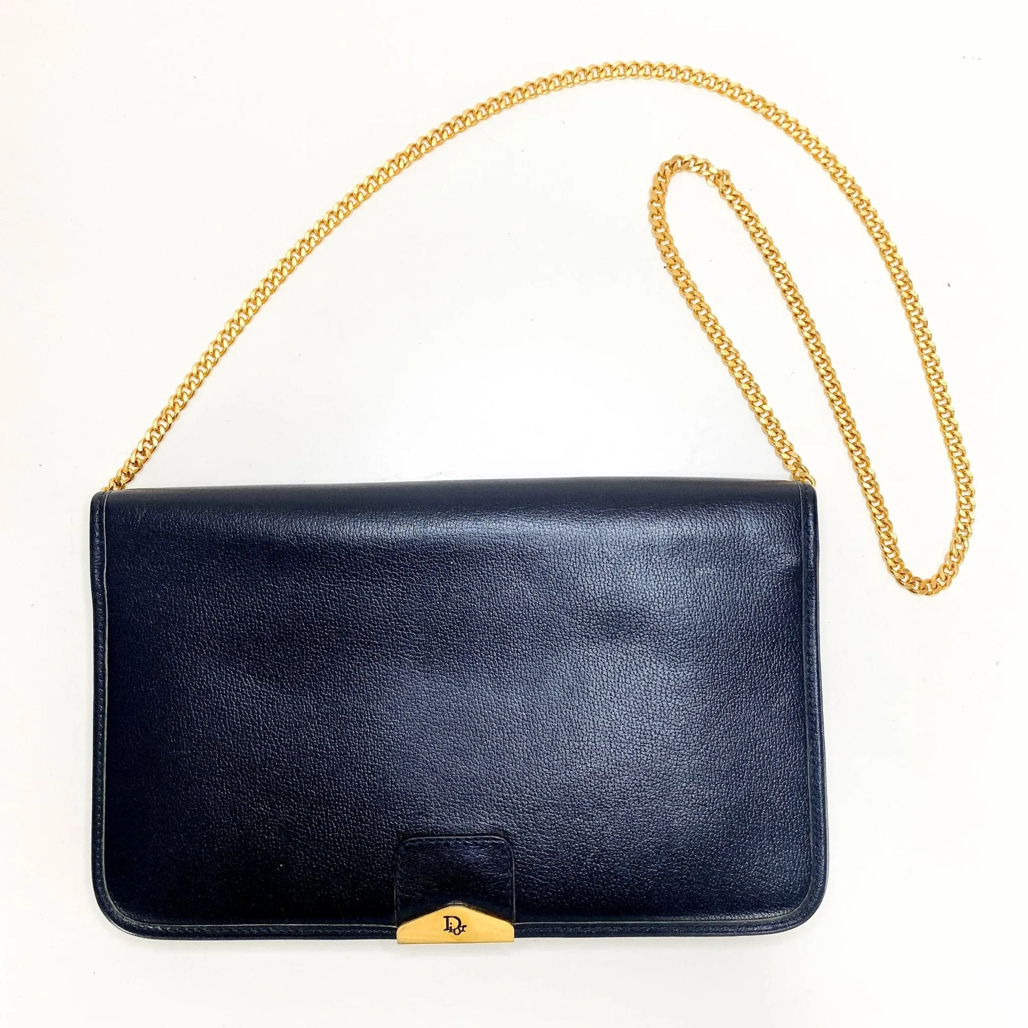 Dior Vintage Black Leather Letter Flap Chain Shoulder Bag
