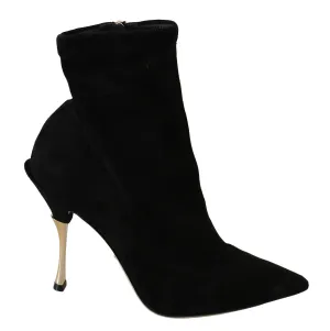 Dolce & Gabbana Black Suede Gold Heels Ankle Boots Shoes