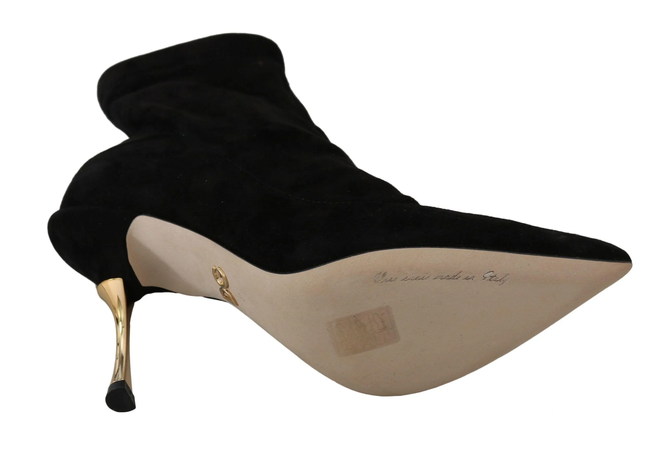 Dolce & Gabbana Black Suede Gold Heels Ankle Boots Shoes