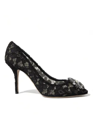 Dolce & Gabbana Black Taormina Lace Crystal Heels Pumps Shoes