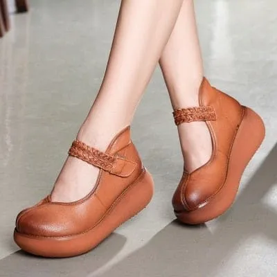 Genuine Leather Platform Wedges Round Toes Ankle Strap Women Pumps