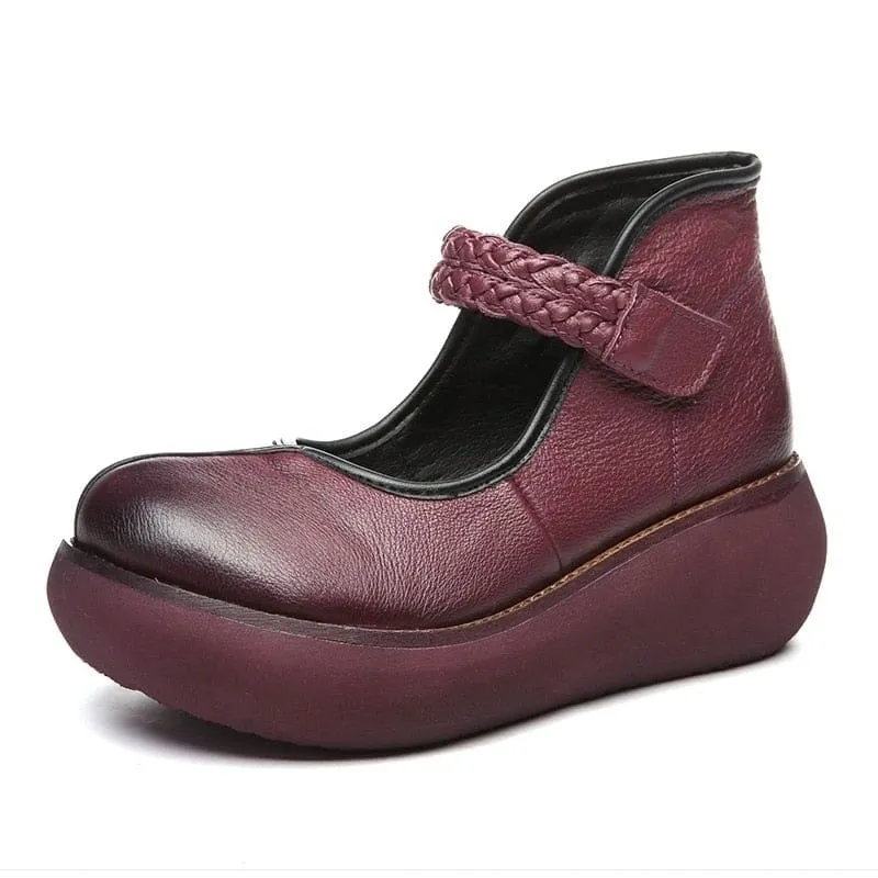 Genuine Leather Platform Wedges Round Toes Ankle Strap Women Pumps