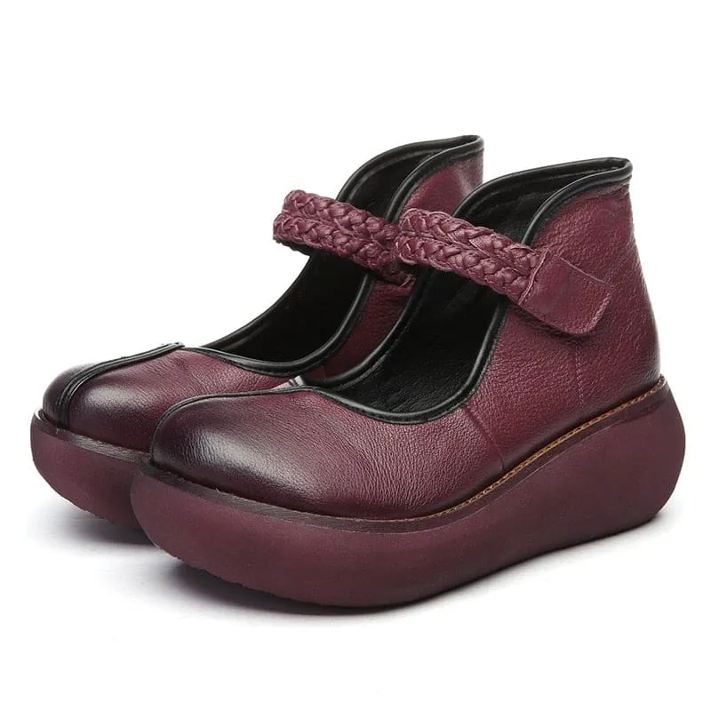 Genuine Leather Platform Wedges Round Toes Ankle Strap Women Pumps