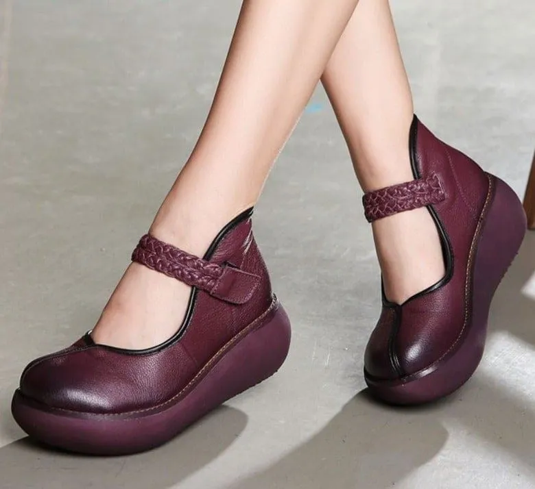 Genuine Leather Platform Wedges Round Toes Ankle Strap Women Pumps