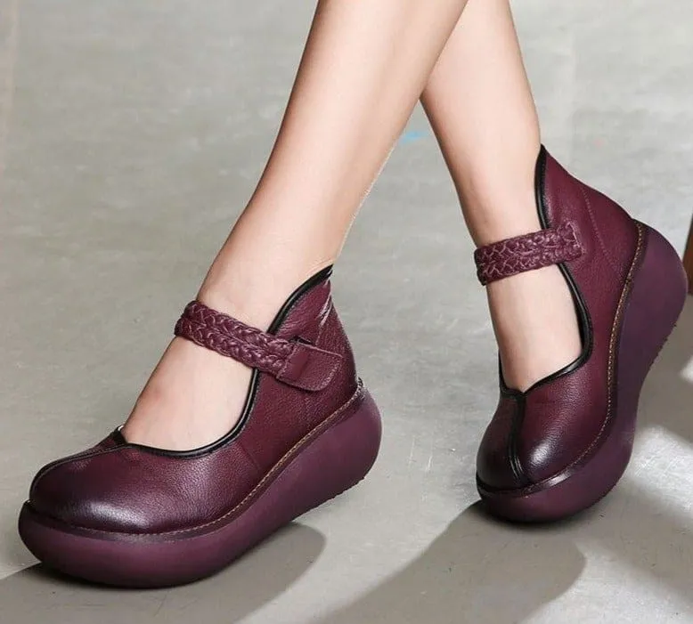 Genuine Leather Platform Wedges Round Toes Ankle Strap Women Pumps
