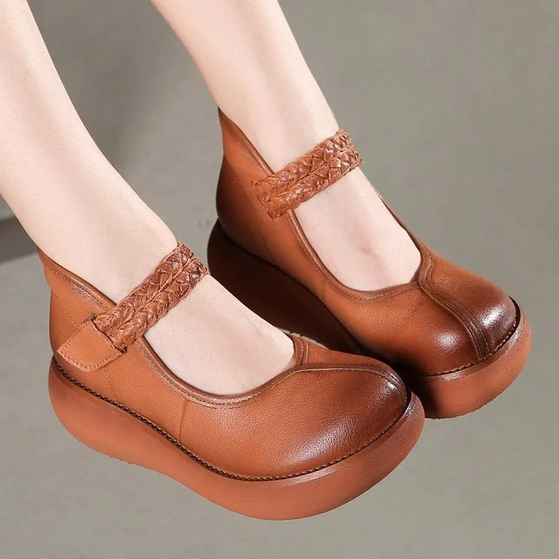 Genuine Leather Platform Wedges Round Toes Ankle Strap Women Pumps