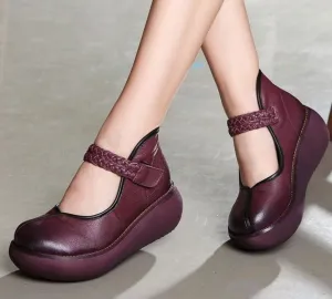 Genuine Leather Platform Wedges Round Toes Ankle Strap Women Pumps