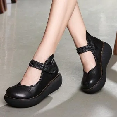 Genuine Leather Platform Wedges Round Toes Ankle Strap Women Pumps