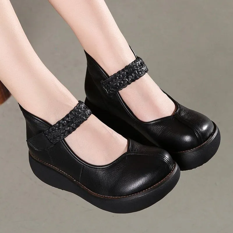 Genuine Leather Platform Wedges Round Toes Ankle Strap Women Pumps