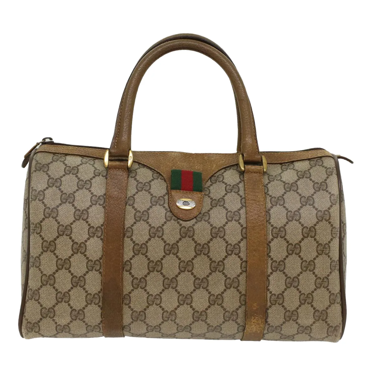 GUCCI GG Canvas Web Sherry Line Boston Bag PVC Leather Beige Green  yk7856