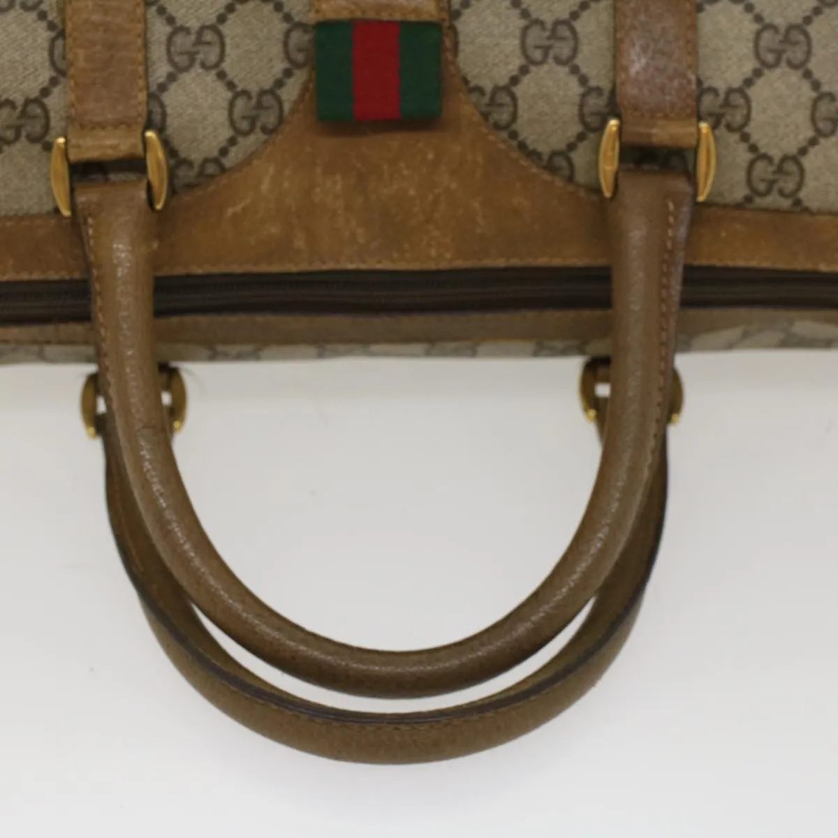 GUCCI GG Canvas Web Sherry Line Boston Bag PVC Leather Beige Green  yk7856