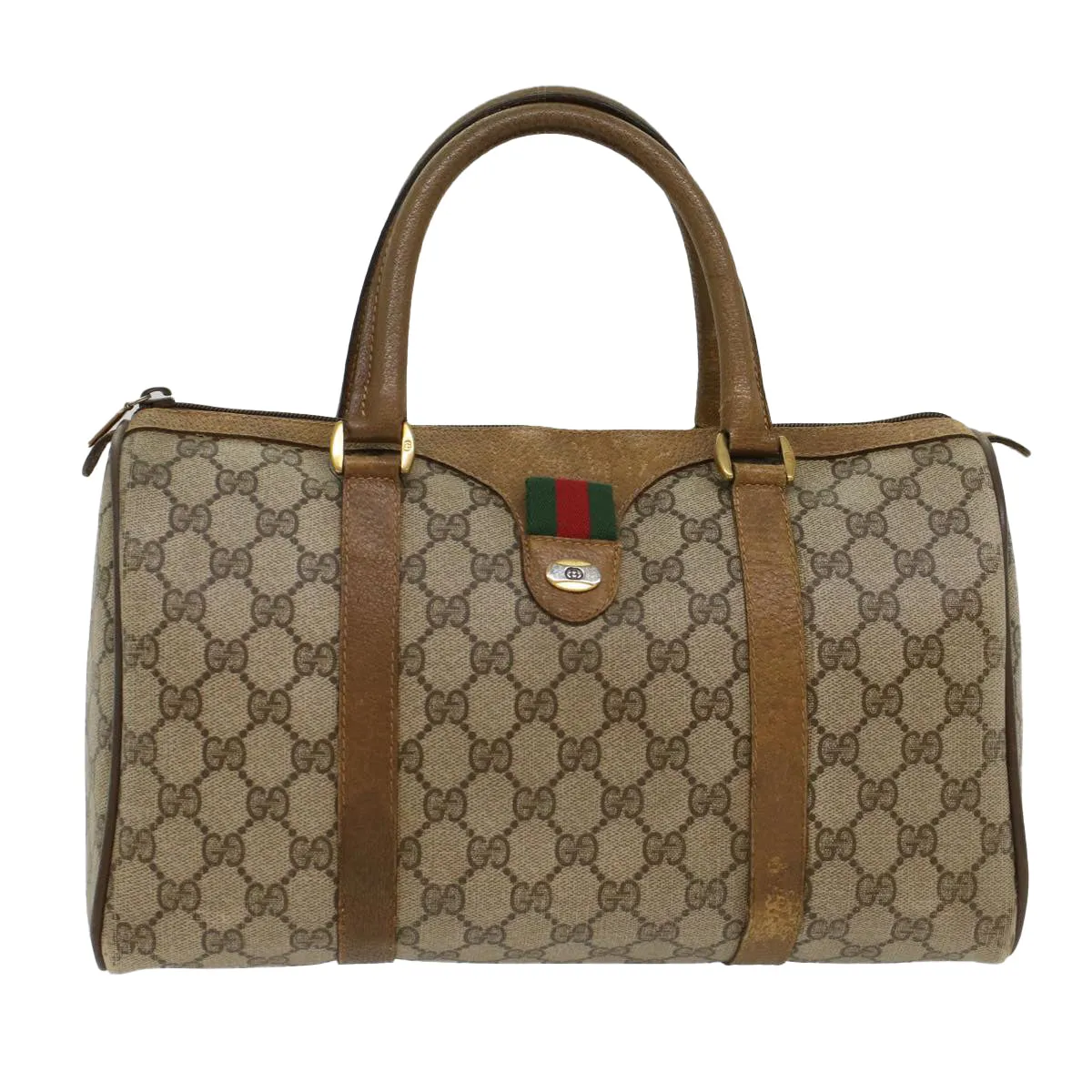 GUCCI GG Canvas Web Sherry Line Boston Bag PVC Leather Beige Green  yk7856