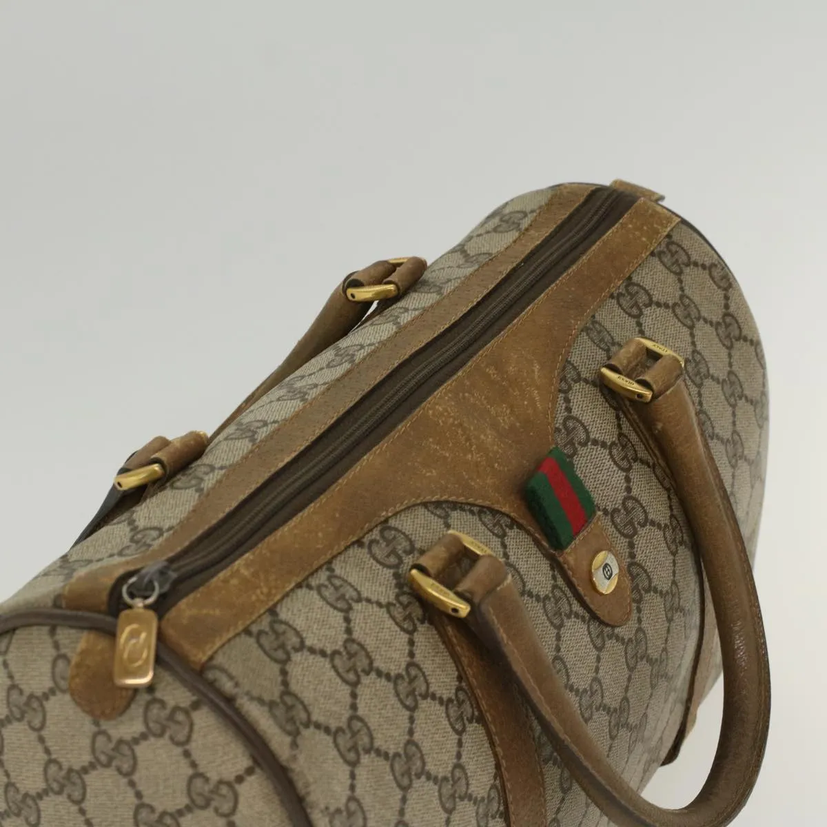 GUCCI GG Canvas Web Sherry Line Boston Bag PVC Leather Beige Green  yk7856