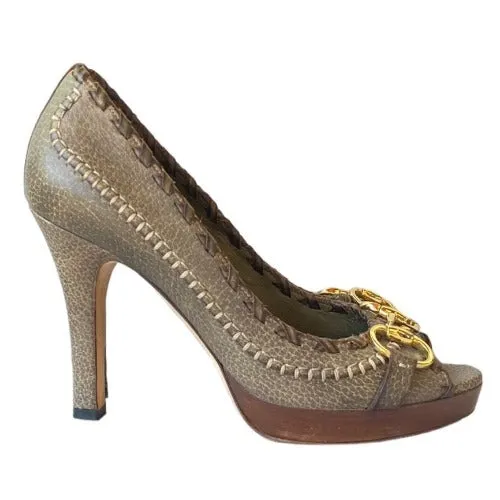 GUCCI Taupe Brown Leather Hollywood Horsebit Peep Toe Platform Pumps, Size 37.5