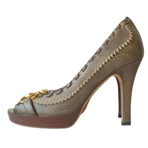 GUCCI Taupe Brown Leather Hollywood Horsebit Peep Toe Platform Pumps, Size 37.5