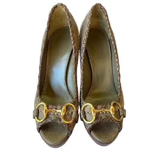 GUCCI Taupe Brown Leather Hollywood Horsebit Peep Toe Platform Pumps, Size 37.5