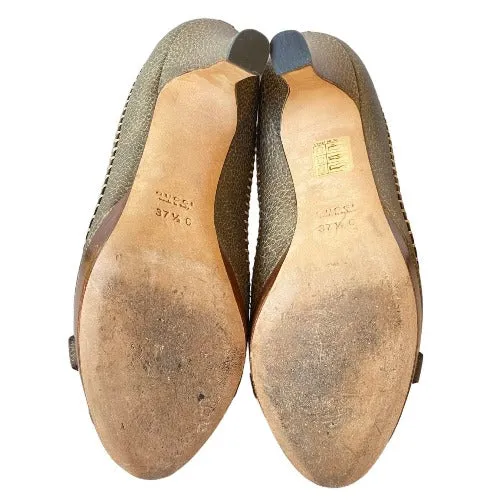 GUCCI Taupe Brown Leather Hollywood Horsebit Peep Toe Platform Pumps, Size 37.5