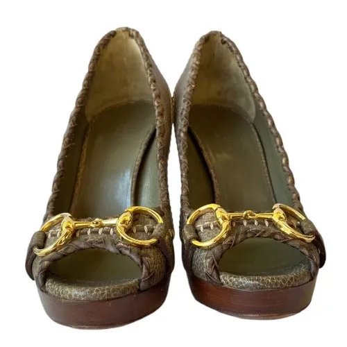 GUCCI Taupe Brown Leather Hollywood Horsebit Peep Toe Platform Pumps, Size 37.5