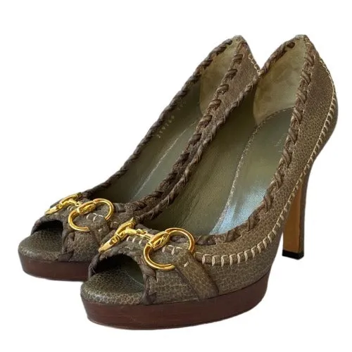 GUCCI Taupe Brown Leather Hollywood Horsebit Peep Toe Platform Pumps, Size 37.5
