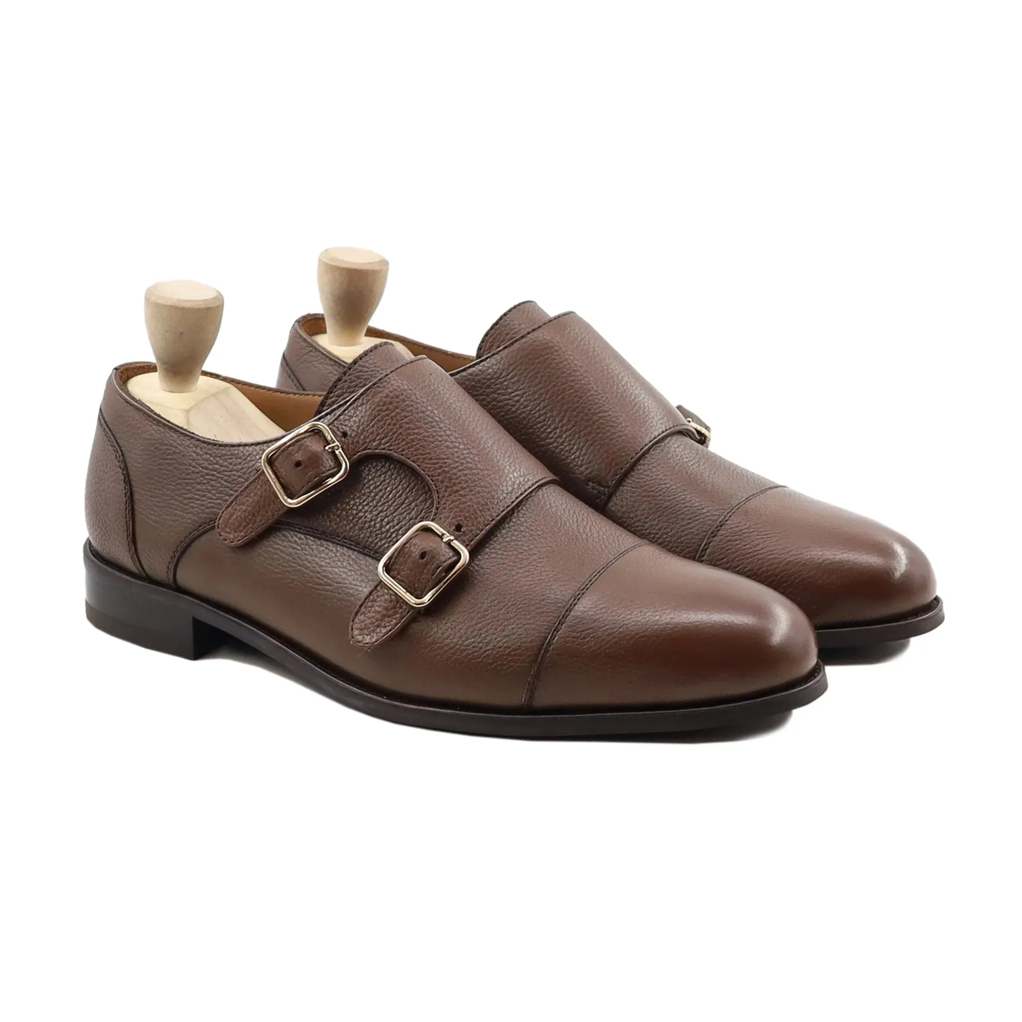 Handmade Custom Men Brown Pebble Grain Leather Double Monkstrap Shoes