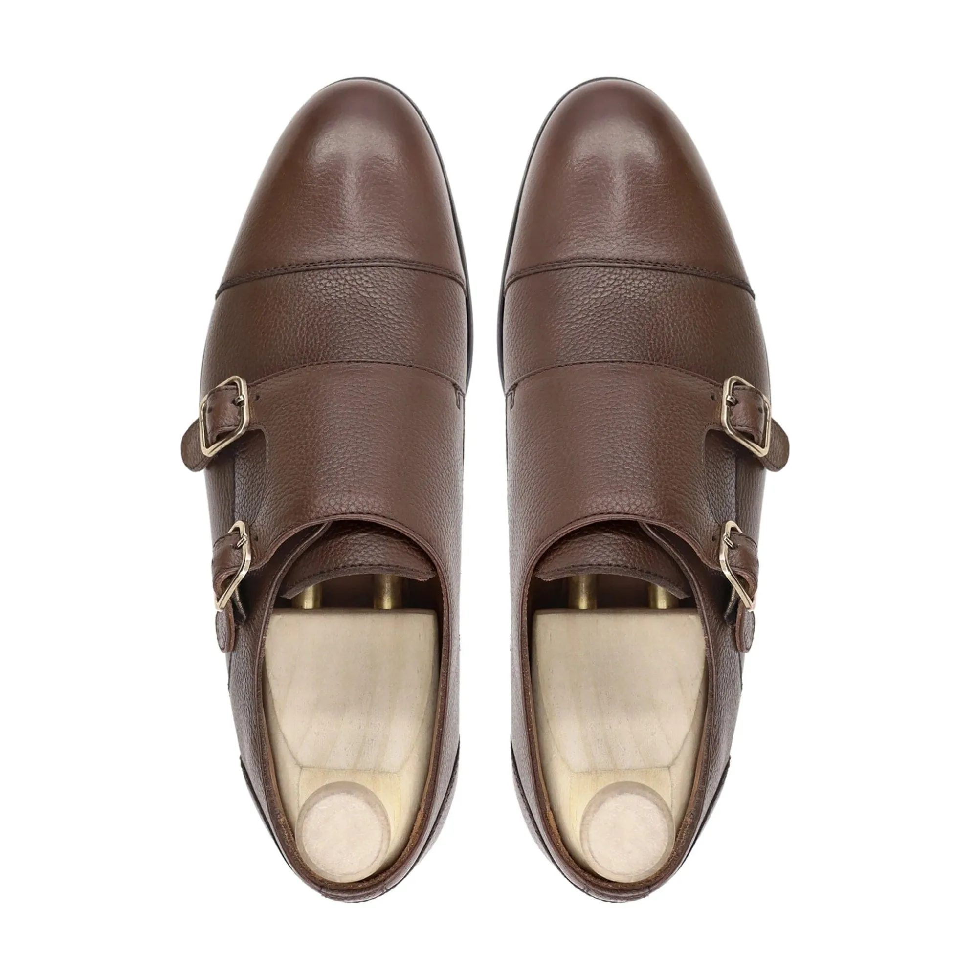 Handmade Custom Men Brown Pebble Grain Leather Double Monkstrap Shoes