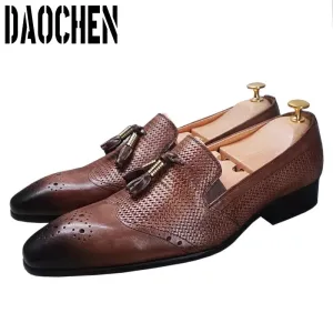 Luxury Brand Men Real Leather Shoes Black Brown Tassel Wingtip Elegant Mens Dress Casual Shoes Wedding Party Loafers Men