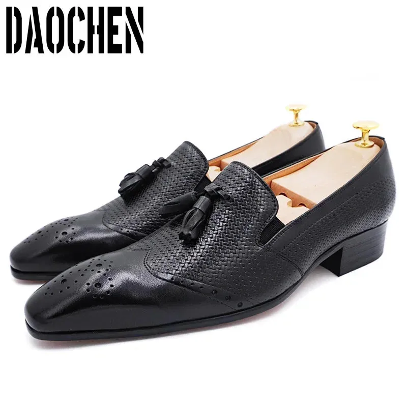 Luxury Brand Men Real Leather Shoes Black Brown Tassel Wingtip Elegant Mens Dress Casual Shoes Wedding Party Loafers Men