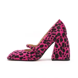 Mary Jane Sqaure Toe Leopard Pumps Chunky Heels for Women