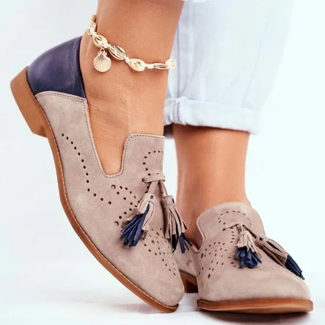 Penny Loafers Handmade, Women Tassels Genuine Leather Shoes Sheepskin Moccasin Pointed Toe Lady Flats Slip On Shoes