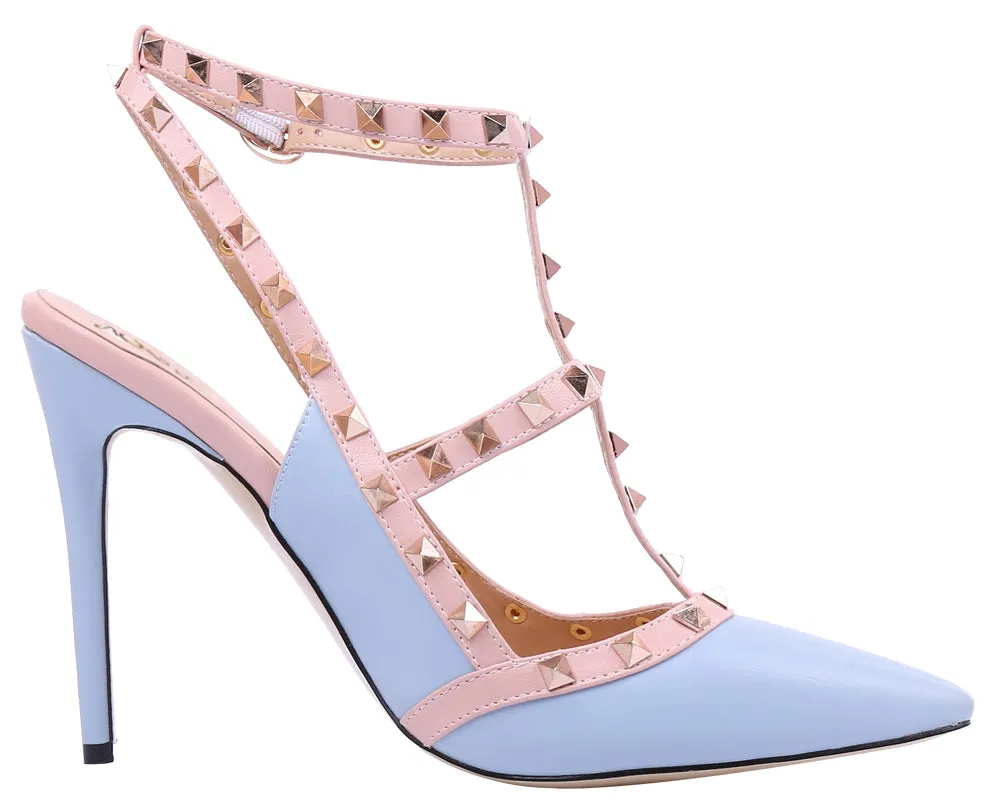 Pointed Toe 10cm Blue & Pink High Heels Glitter Studs Dress Party Pumps for Woman