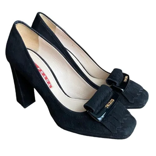 PRADA Black Suede, Logo Buckle & Fringe Block Heel Pumps, Size 35