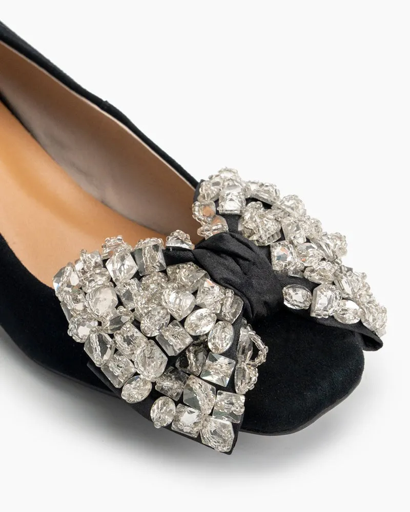 Rhinestone Bow Chunky Low Heels Slip on Comfy Pumps