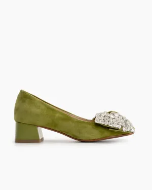 Rhinestone Bow Chunky Low Heels Slip on Comfy Pumps