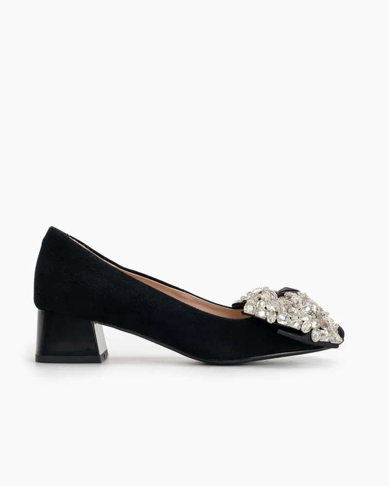 Rhinestone Bow Chunky Low Heels Slip on Comfy Pumps