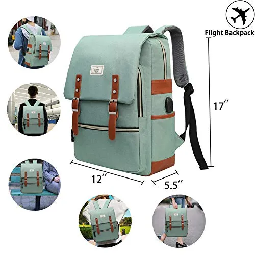 Ronyes Vintage Laptop Backpack for Women Men Unisex College Bag School College Bookbag 15.6inch Laptop Bag Small Computer Backpack Stylish Casual Rucksack Daypacks with USB Charging Port (LightGreen)