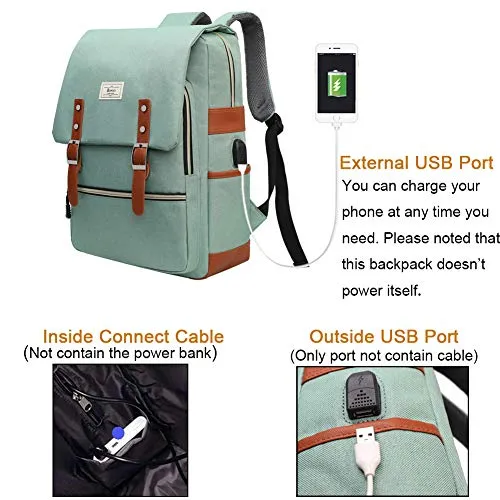 Ronyes Vintage Laptop Backpack for Women Men Unisex College Bag School College Bookbag 15.6inch Laptop Bag Small Computer Backpack Stylish Casual Rucksack Daypacks with USB Charging Port (LightGreen)
