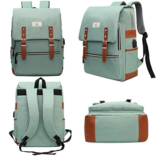 Ronyes Vintage Laptop Backpack for Women Men Unisex College Bag School College Bookbag 15.6inch Laptop Bag Small Computer Backpack Stylish Casual Rucksack Daypacks with USB Charging Port (LightGreen)