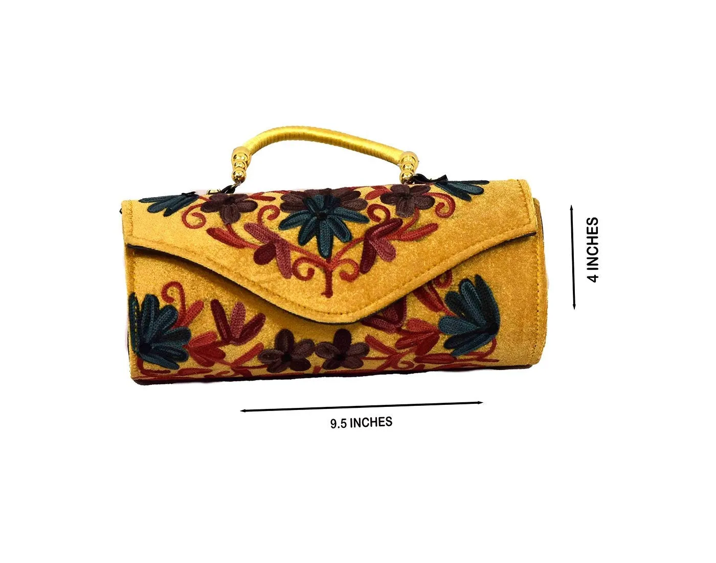 Suede Mustard Color Kashmiri Embroidered Hand Clutch