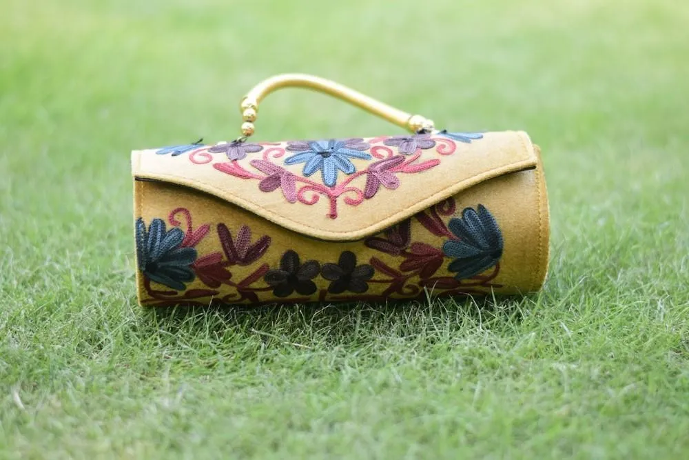 Suede Mustard Color Kashmiri Embroidered Hand Clutch