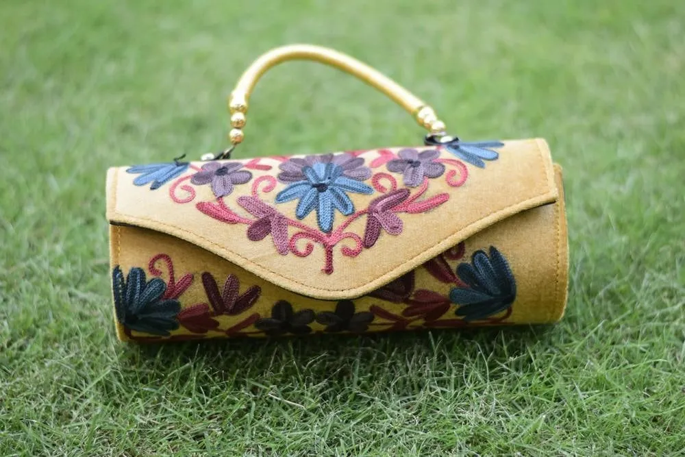 Suede Mustard Color Kashmiri Embroidered Hand Clutch