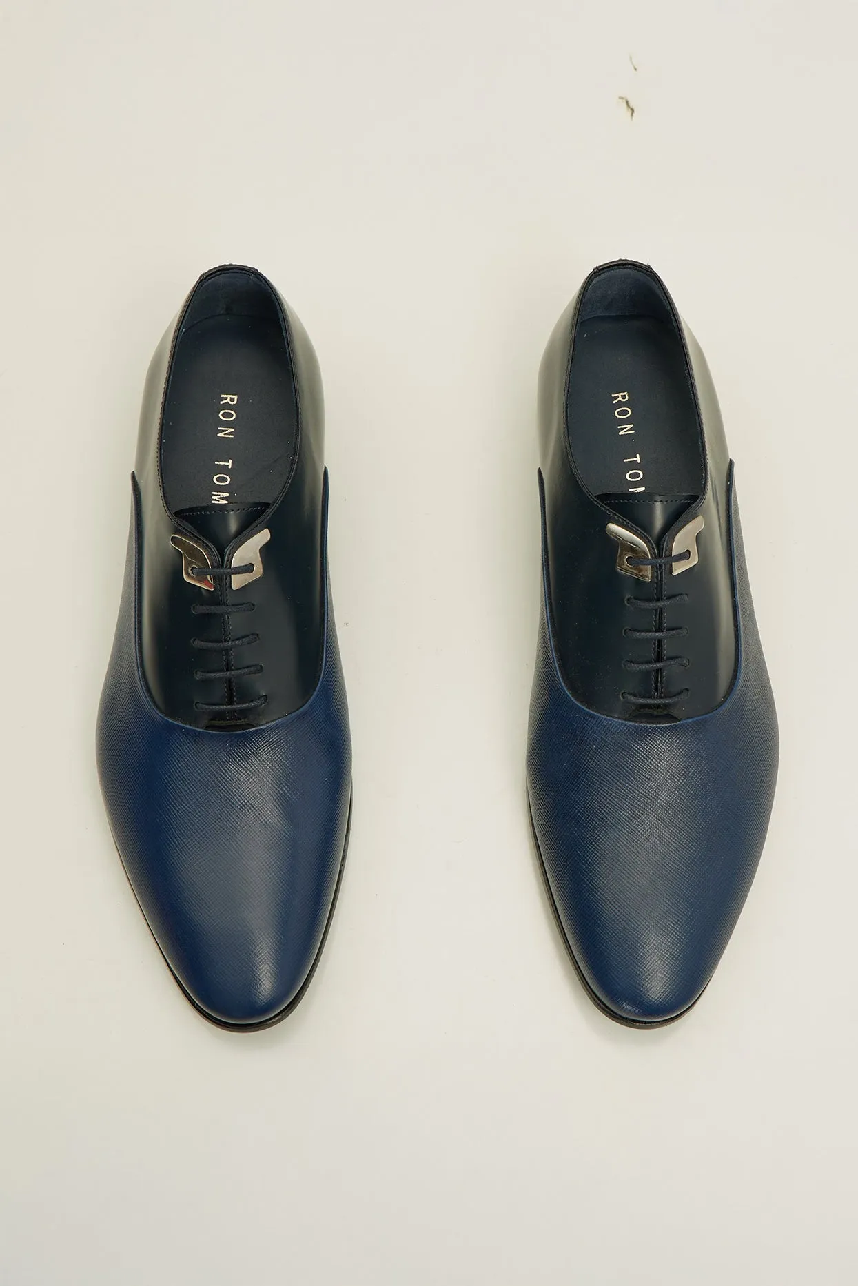 Two Tone Plain Toe Leather Oxfords-  Navy