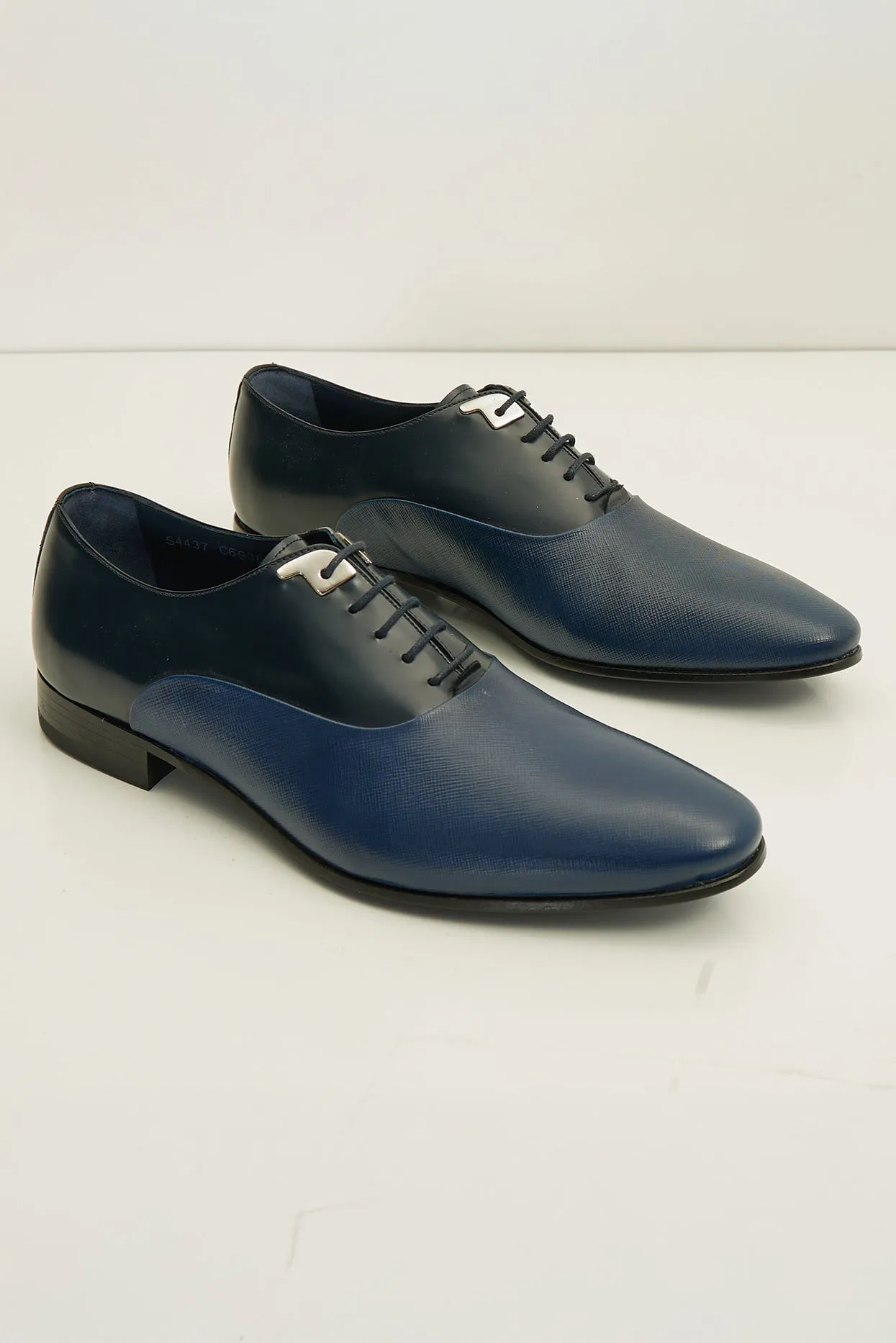 Two Tone Plain Toe Leather Oxfords-  Navy
